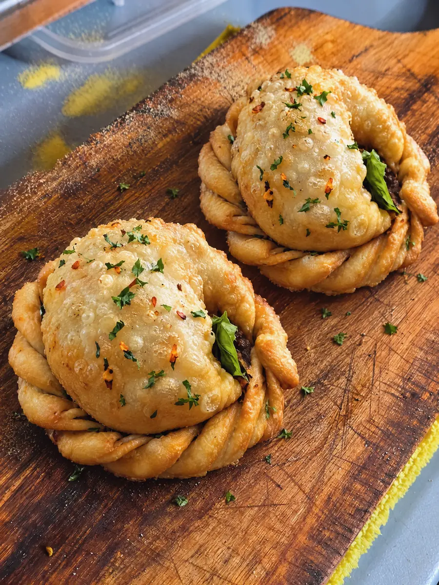 Freshly fried La Ricetta pienos, round with a braided rim, topped with parsley and chili flakes, on their wooden board